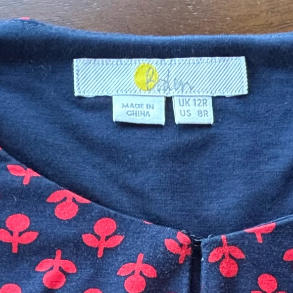 Boden Long Sleeve Dress Navy Blue with Red Flower Design, size 8R - Picture 5 of 9